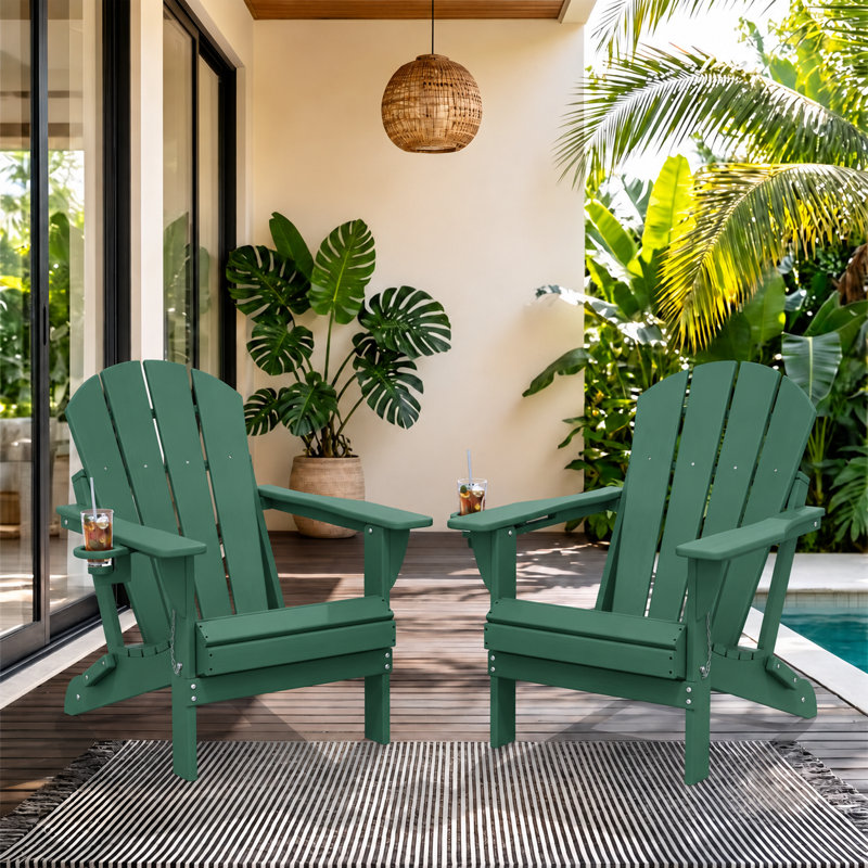 HDPE Outdoor Foldable Adirondack Chair Set Fire Pit Chair (Set of 2), Dark Green