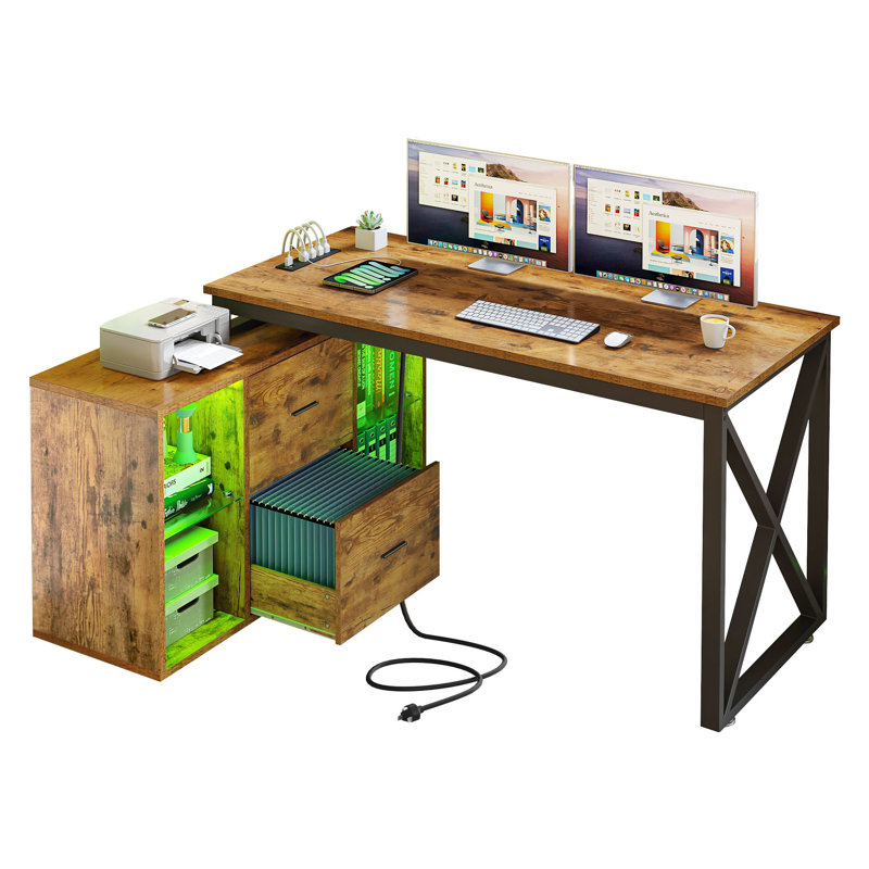 Jiahao 55'' L Shaped Reversible Desk with Charging Station & LED Lights, Brown
