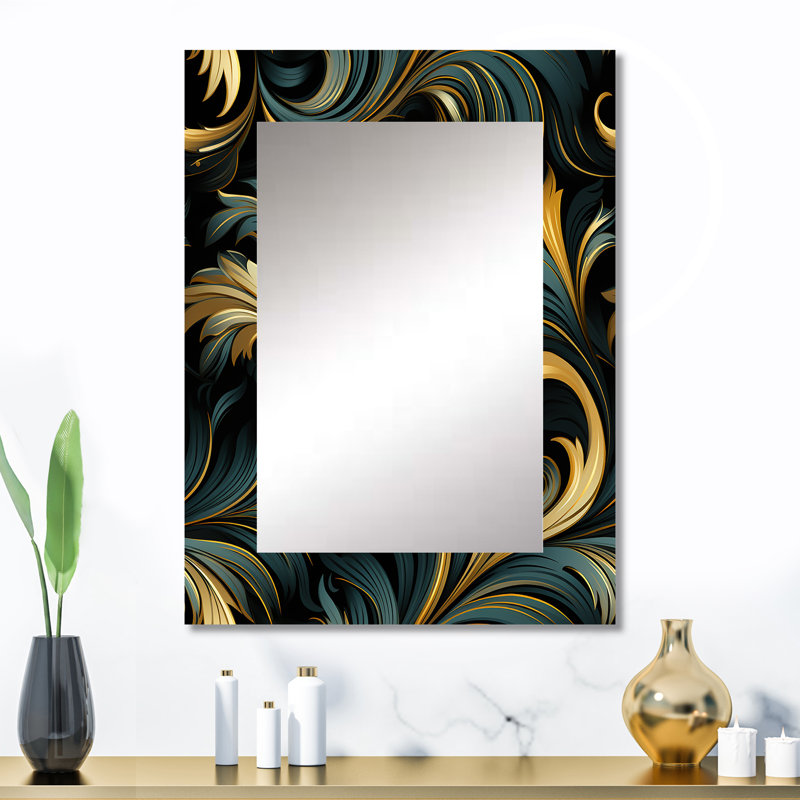 Or et bleu luxe damassé symphonie - miroir mural unique, damassé, art imprimé en métal, 32 po x 24 po