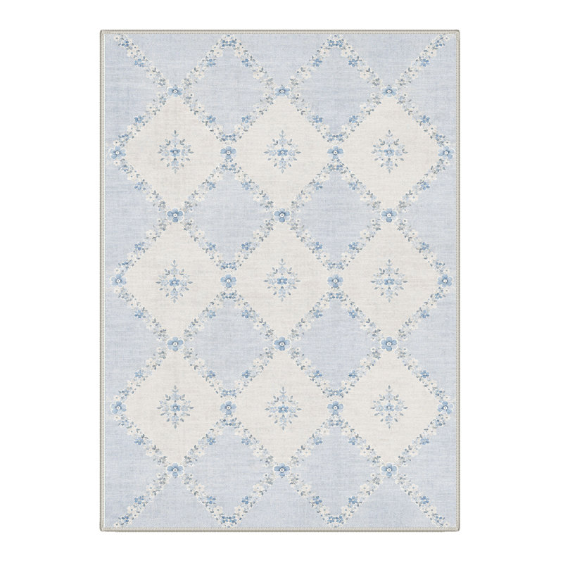 Tapis bleu / ivoire en treillis lavable à la machine avec envers antidérapant, Rectangle 8' x 10'