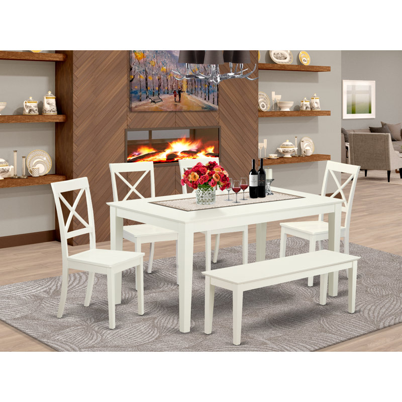 L'ensemble de salle à manger 6 pièces contient une table de salle à manger rectangulaire et 4 chaises de cuisine avec banc, 36 po x 60 po, lin blanc