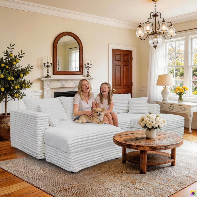 Gus 102.4"W 6 Seaters Convertible LAF RAF U-shape Corduroy Sectional, 2 Ottomans, Beige Plush Corduroy Fabric
