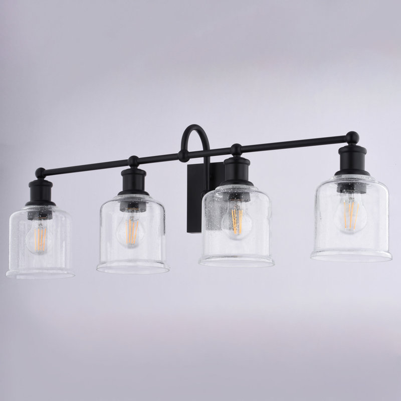 Northbrook Matte Black Traditional Bathroom Vanity Lighting Fixture, Clear Seeded Cylinder Glass Shade, Dimmable, LED Compatible, Reversible Over The Mirror Mounted Steel Wall Sconce