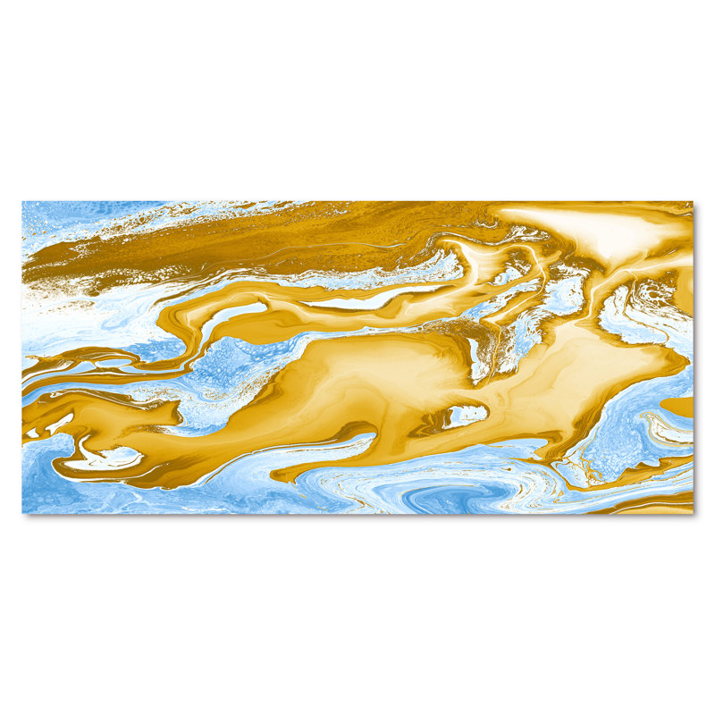 Vagues de marbre bleues et dorées - Peinture sur toile, H 28 po x l 60 po x P 1,5 po, Toile tendue