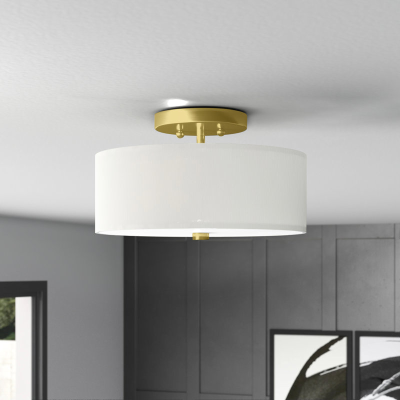 Flaire Fabric Semi Flush Mount, Satin Brass, 7.75" H x 13" W x 13" D