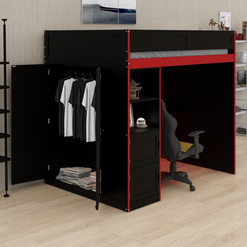 Lit mezzanine avec bureau et rangement, lumières DEL,, Lit double