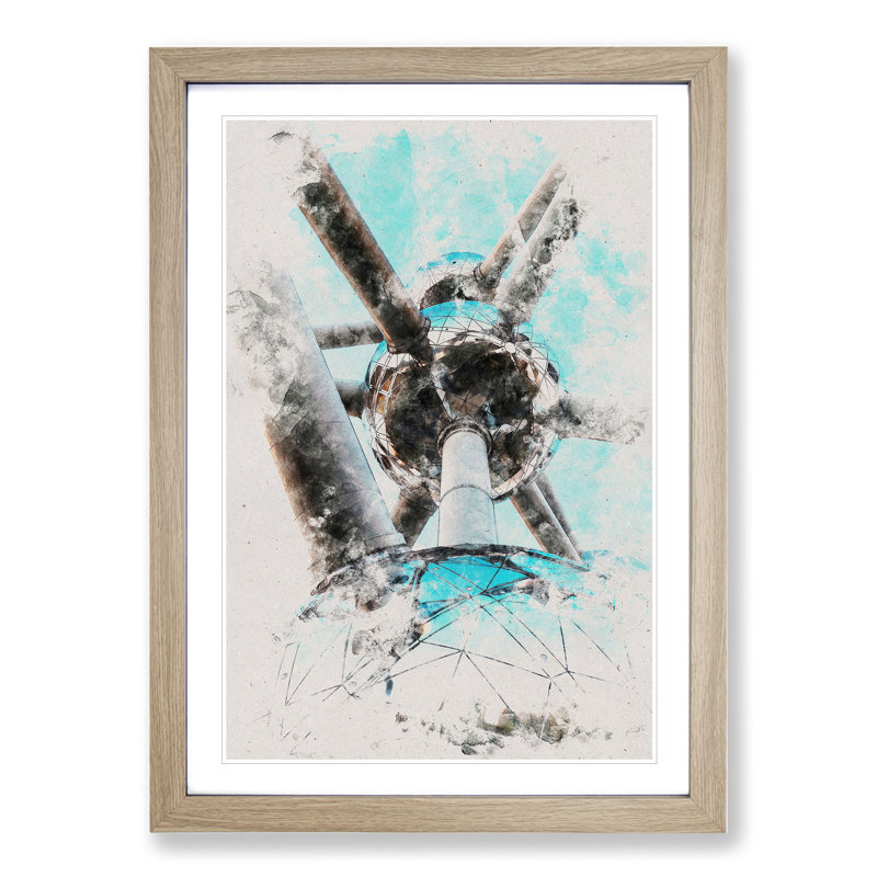 Atomium in Brussels Vol.2 Watercolour - Picture Frame Graphic Art, Oak, 65cm H x 48cm W x 2cm D