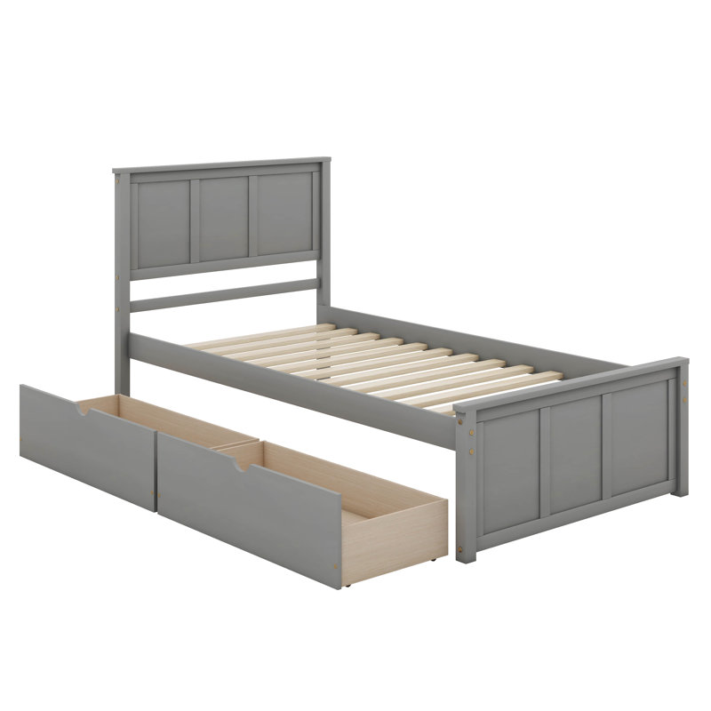 Lit plateforme avec rangement, 2 tiroirs avec roulettes, structure simple, Gris