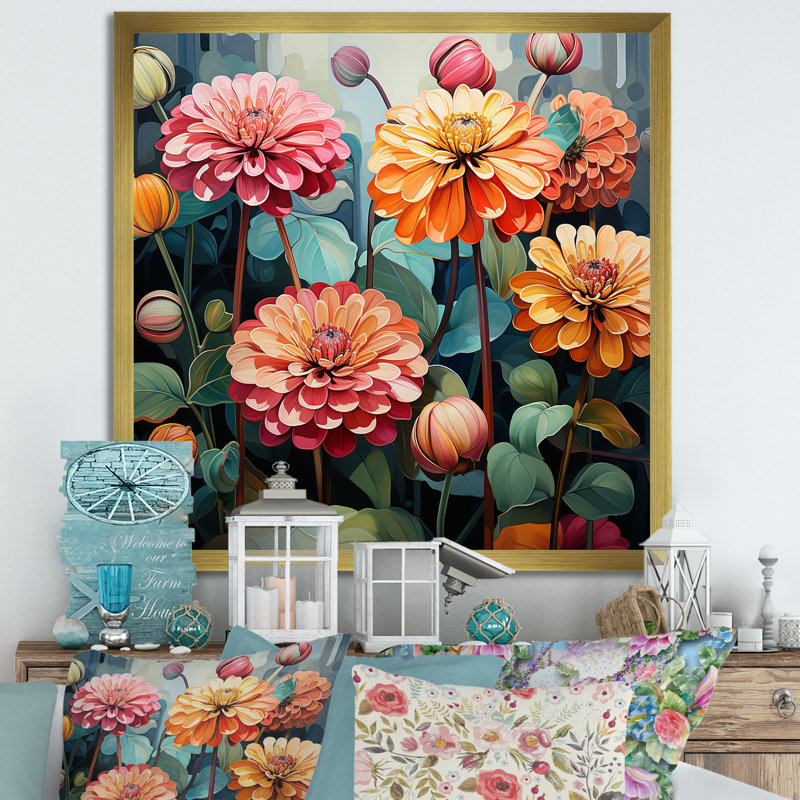 "Binn Zinnias fleurs" - impression sur toile Zinnias, Cadre doré simple, H 30 po x l 30 po x P 1 po