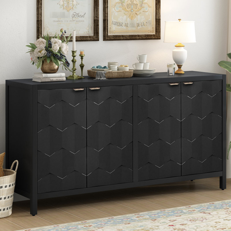 Luxurious Sideboard With Intriguing Honeycomb Doors, Practical Storage Ustyle Appealing Design Ample Capacity, Black