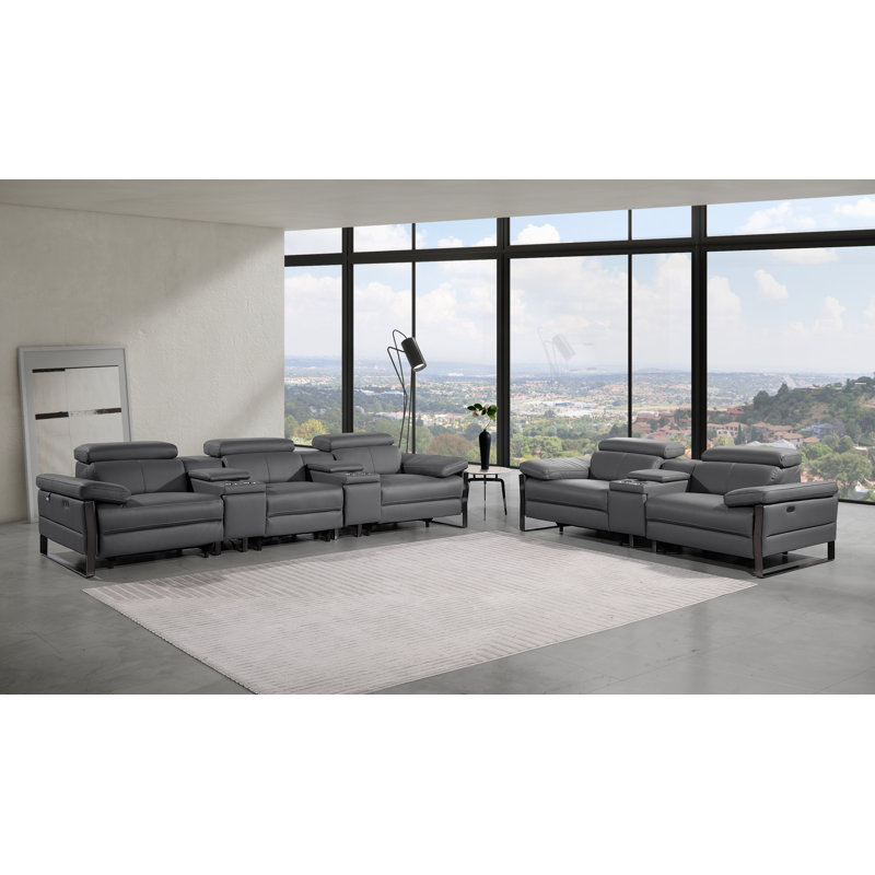 Ensemble de causeuse inclinable électrique modulaire en cuir et console avec appuis-tête réglables et consoles doubles