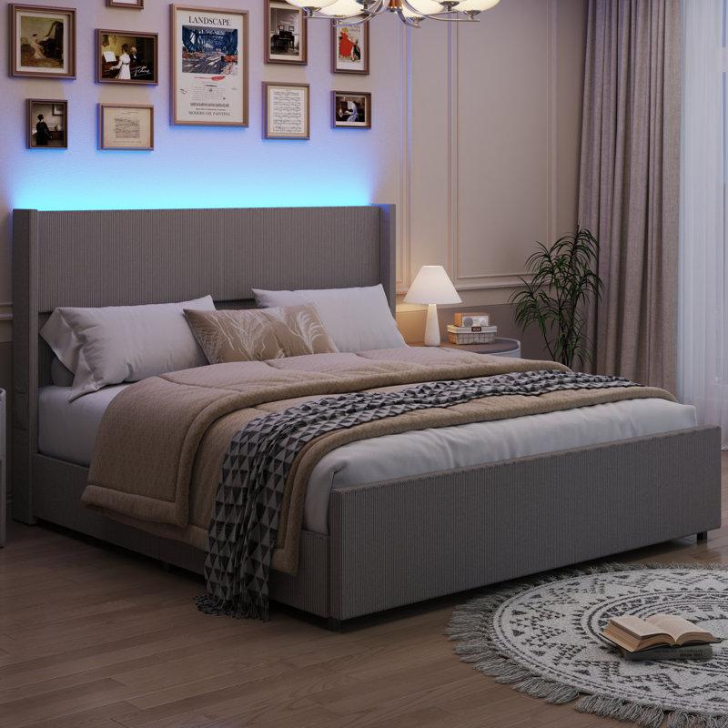 Corduroy Upholstered Platform Bed With Drawers, LED Light, Wingback Headboard, And Footboard, No Box Spring Needed, King