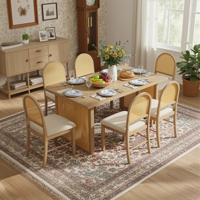 Ensemble de table de salle à manger 7 pièces de style campagnard pour table rectangulaire de 6 à 59,8 po avec placage de chêne vieilli et 6 chaises en rotin