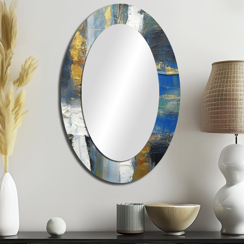 Ethereal Knowing Royal Blue And Gold I - Gold Modern Oval Wall Mirror, 36" x 24"