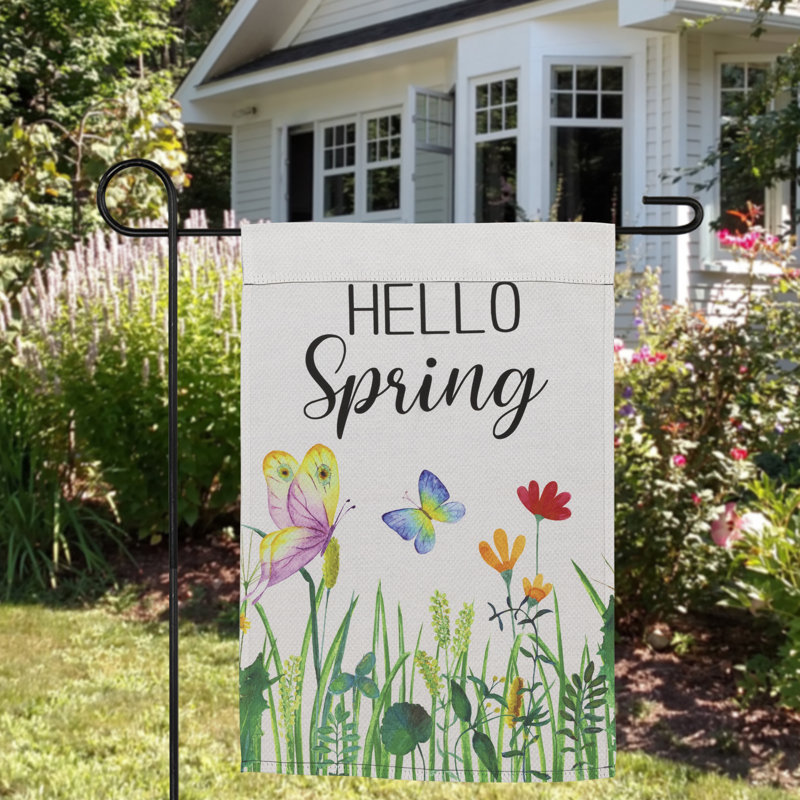 White Polyester Spring Garden Flag with Butterflies and Flowers