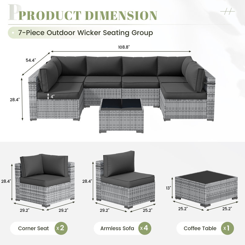 Cawanna 7-Piece Outdoor Rattan Seating Group with Cushions, Gray, No