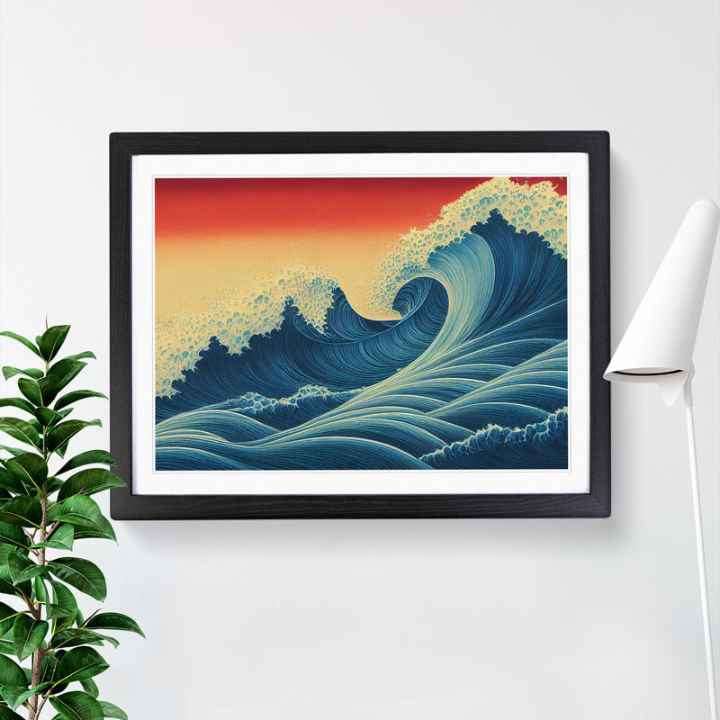 Ravishing Japanese Wave - Single Picture Frame Painting, Black Framed, 46cm H x 64cm W x 2cm D