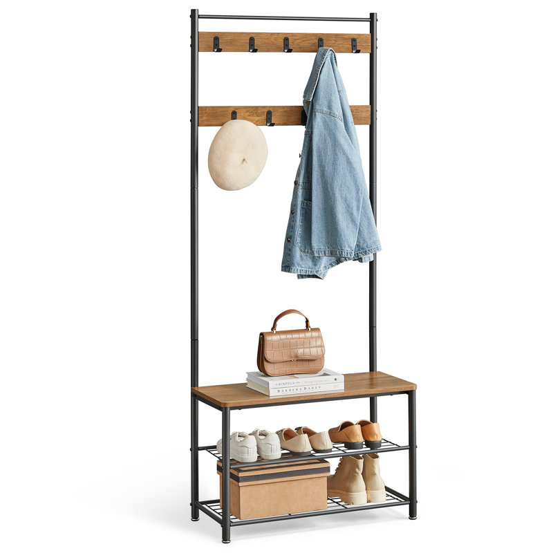 Abingdon Hall Tree 70cm Wide with Bench and Shoe Storage, Rustic Walnut/Black