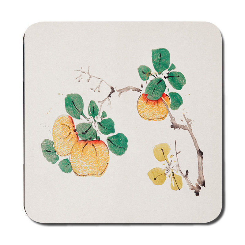Persimmon Branch Placemat and Coaster Set with Green Leaves