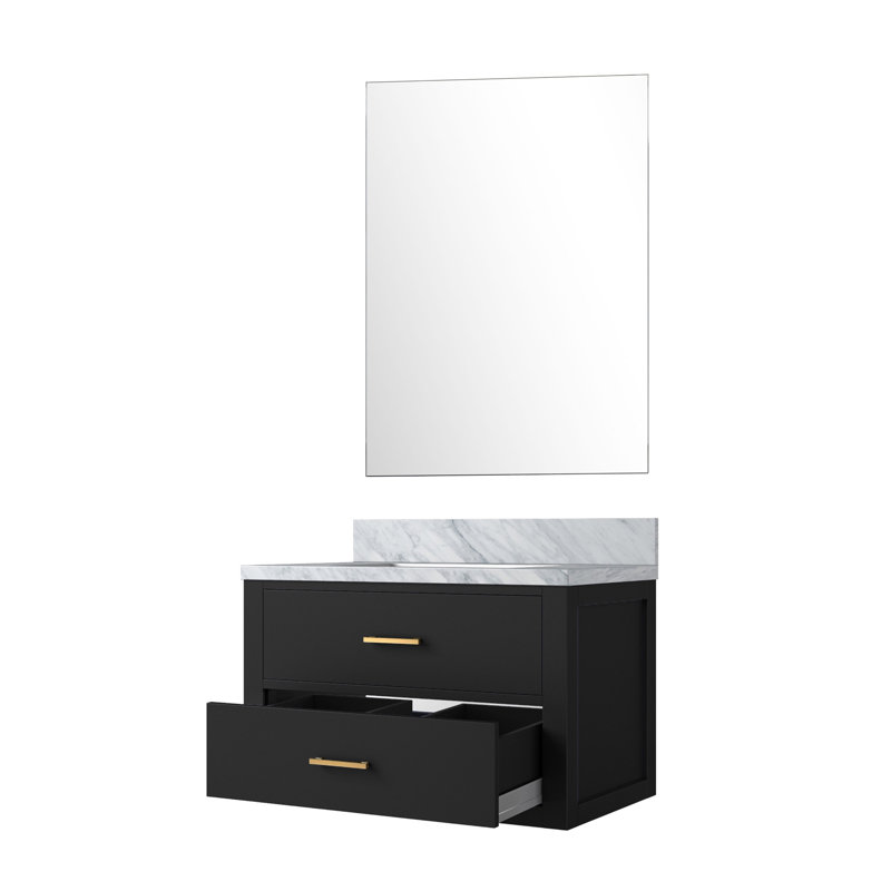 Castor 30 in W x 22 in D Single Bath Vanity and 28 in Mirror, White Carrara Marble, Black