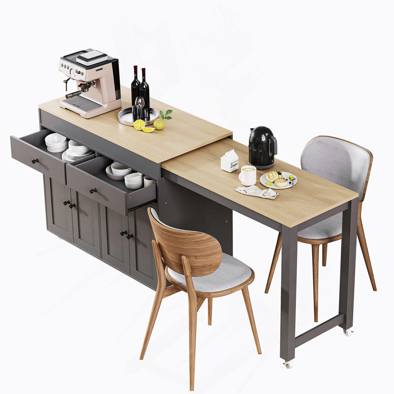 74.5 Inch Extendable Kitchen Island With Dining Table, Rolling Cart On Wheels, Spice Rack, 2 Drawers, And 4 Door Cabinet, Grey