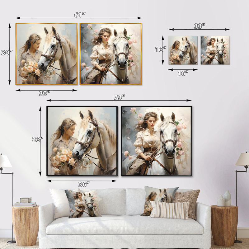 «Playful Flower Horse Beauty», ensemble de 2 animaux carrés, Cadre flottant noir, H 16 po x l 33 po