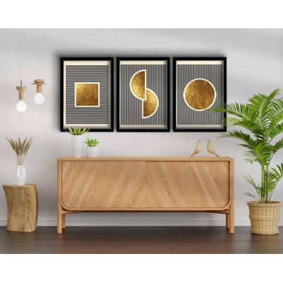 Élégant ensemble de peintures décoratives en panneau de fibres à densité moyenne (3 pièces), doré, blanc et noir, 15,0 x 21,0 po chacune | 100% panneau de fibres à densité moyenne (épaisseur: 0,1 pouce) et cadre 100% bois (épaisseur: 0,9 pouce) | Parfait pour la décoration intérieure et les murs de galerie