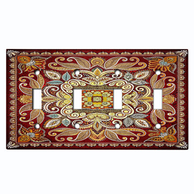 Metal Light Switch Plate Cover; US Standard Size 4 Gang Toggle - Printed Image of Floral Mandala Rug Pattern