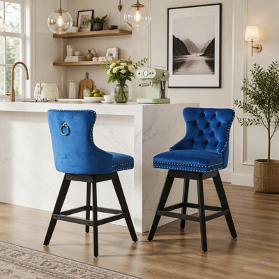 Swivel Velvet Barstools With Button Tufted Decoration And Wooden Legs,Nailhead Trim, Leisure Style Bar Chairs,Bar Stools, Set Of 2