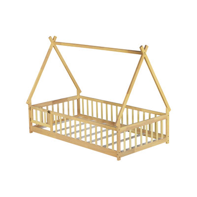 Lit simple en forme de tente avec garde-corps, lattes et porte, naturel