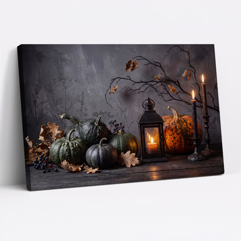 Citrouilles vertes et oranges avec lanterne allumée sur toile murale d'Halloween, 12"H x 18"W