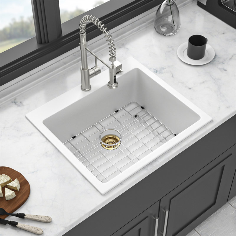 Quartz Kitchen Sink - 25X22" White Granite Composite Drop-In Kitchen Sink