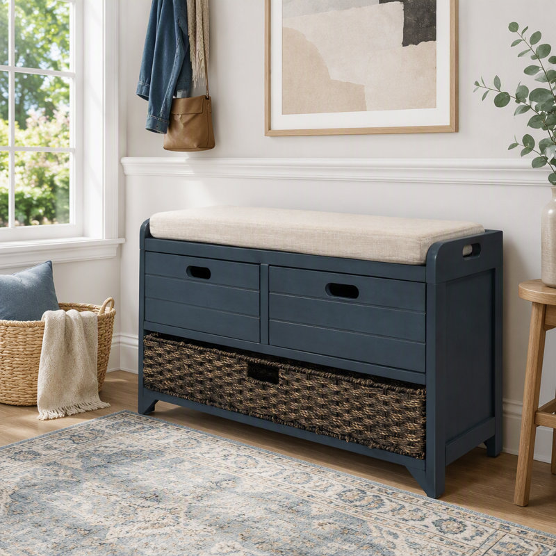 Banc de rangement entièrement assemblé avec panier et tiroirs amovibles, Blanchies