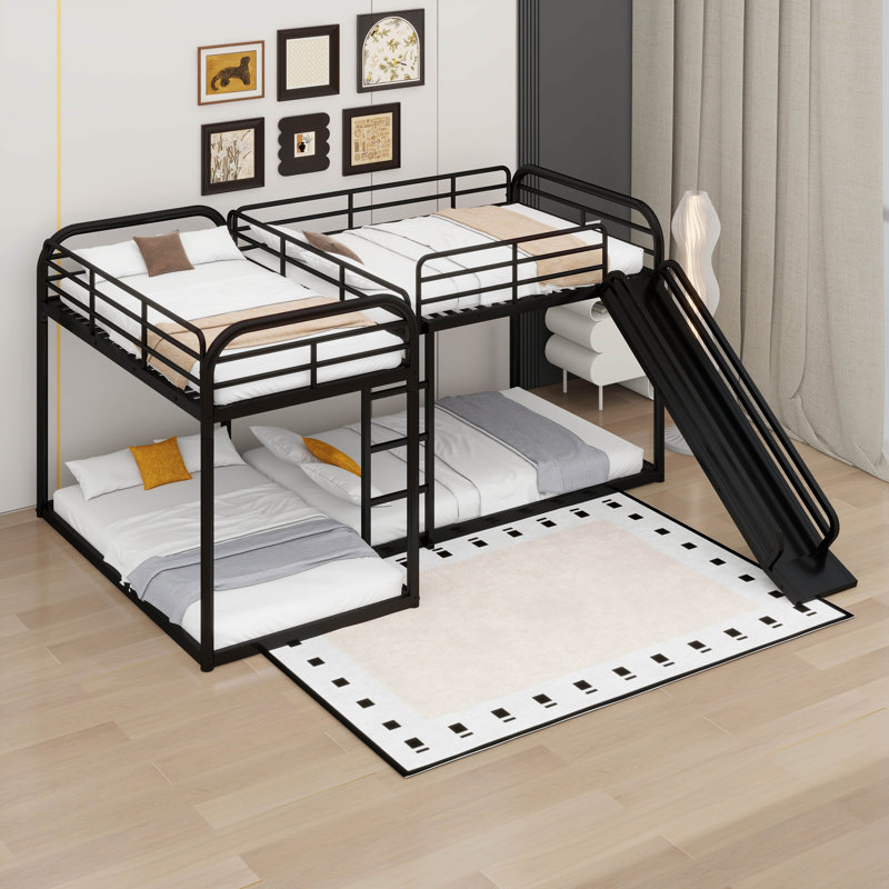 Full And Twin Size L-Shaped Bunk Bed With Slide And Short Ladder, Black
