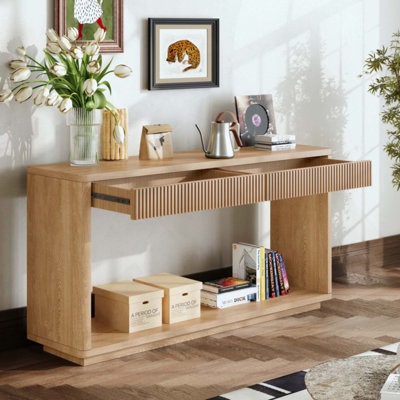 Console moderne cannelée à 2 tiroirs avec placage en bois naturel et canapé derrière le canapé pour le salon, le couloir, l'entrée et le bureau personnel