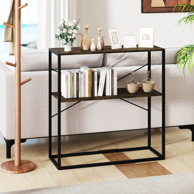 36” Console Table with Wooden Textured Open Shelves & Metal Frame for Hallway Brown