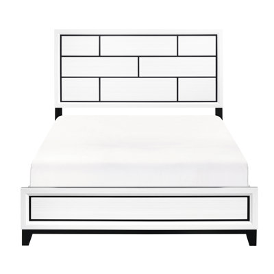 Grand lit avec look moderne, finition blanche et ornement de ligne noire contemporaine en bois, détail décoratif