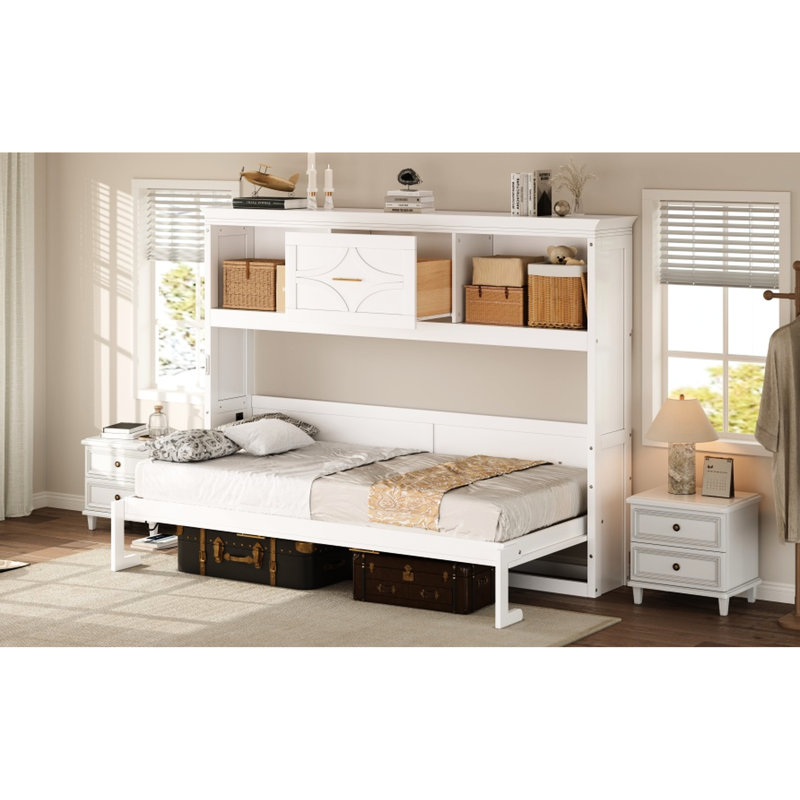 Lit simple en blanc avec remplacement de charge, tiroir et 2 unités de rangement - Représentant en pin de qualité, armoires