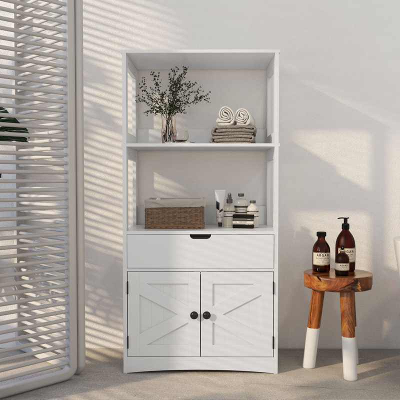 Armoire de salle de bain Kleankin Farmhouse, armoire à linge, rangement pour salle de bain avec portes et tiroir, blanc