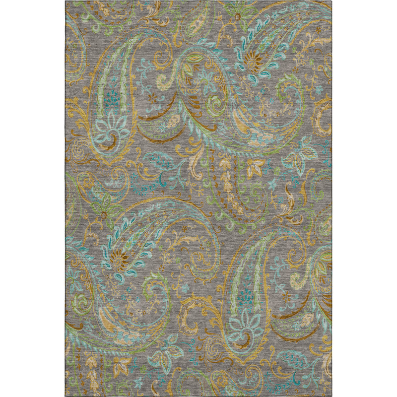 Tapis taupe 9 pi x 12 pi vert et bleu à motif cachemire délavé avec protection UV