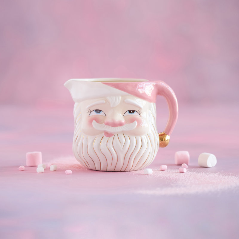 Pichet Papa Noel rose, céramique, 9,75 po, Rose / blanc / doré