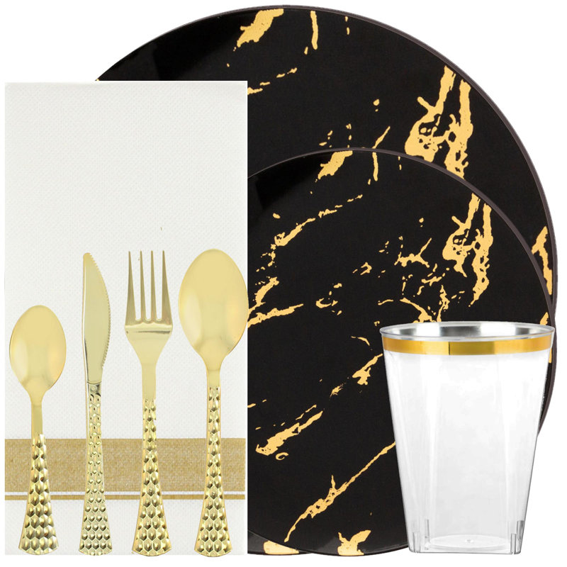 Ecoquality Tableware Disposable Plastic Plates Dinner Party Stroke Collection Set For 30 Guests, Black/Gold