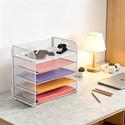 Five Tray Paper Organizer with Handle, Mesh Desk File Holders, Paper Sorter for Office, Home, Classroom, and School Use, Sturdy Metal Stackable Letter Tray System