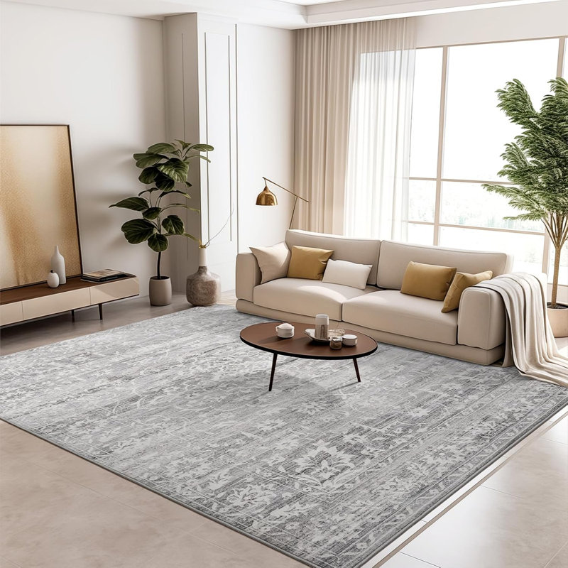 Machine Washable Medallion Floral Area Rug(Grey), Rectangle 10' x 14'