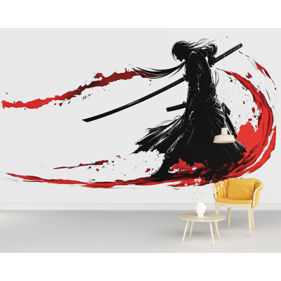 Samurai Wall Decal, Japanese Warrior Wall Sticker, Katana Sword Wall Art, Red Black Ronin Decor, Anime Style Teen Gaming Room Decal 459GM