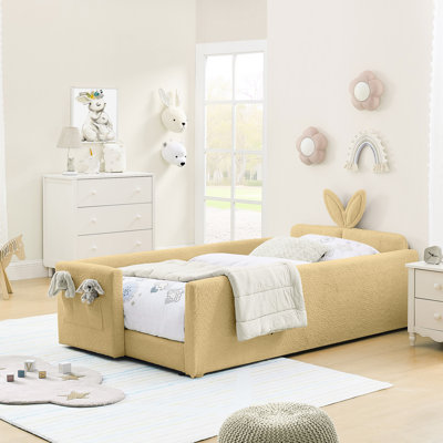 Lit simple avec housse en forme de boucle, tête de lit en forme d'oreille de lapin, rail et pochette de rangement, convient à un agencement de chambre à coucher