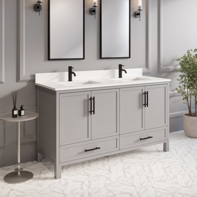 Meuble-lavabo simple en bois massif l 60 po x P 22 po Houston II avec rangement discret et plateau en pierre reconstituée Houston II