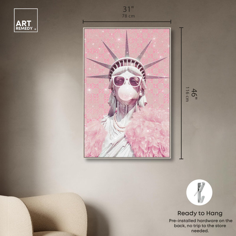 Statue de Glam, art mural rose sur toile par Art Remedy, Cadre argenté, H 46 po x l 31 po