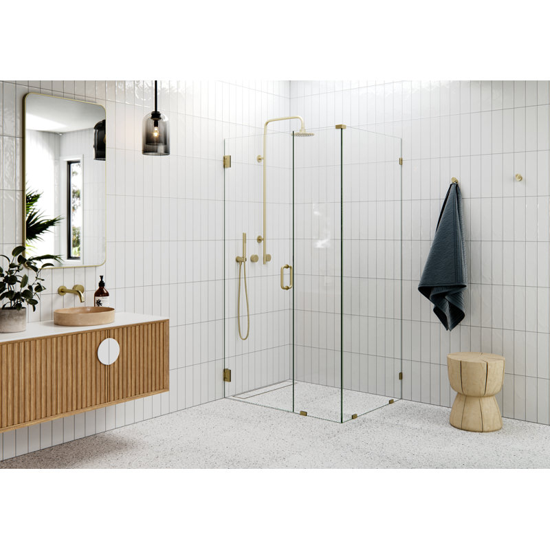 46" W Pivot Frameless Shower Door, Satin Brass