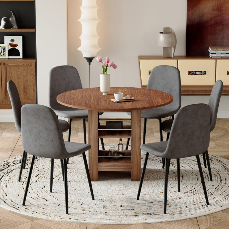 Table de salle à manger 42 "Mid-Century, Noyer, 7 pièces : table, 6 chaises, Gris foncé